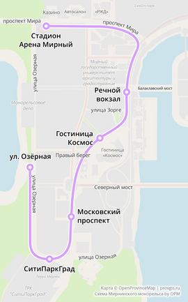 Схема линий мирнинского монорельса на карте OpenProvinceMap